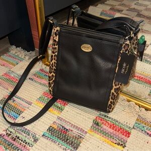 Nicole by Nicole Miller Cheetah Print Crossbody Black Leather Bag